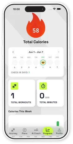 Progress screen with total calories, check-in days and totals