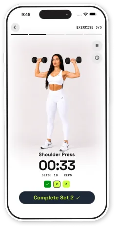 Workout screen with a shoulder press demo, timer and set tracker